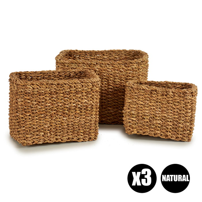 Giftdecor Lot de 3 paniers en sparte rectangulaires hauts 29 x 23 x 20 cm - Algues marines marron (Set de 4)