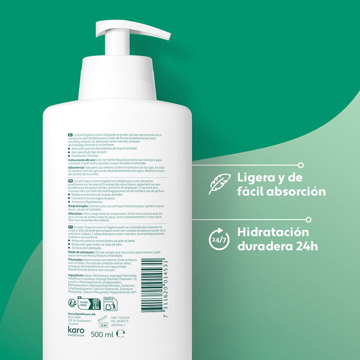 Lutsine E45 Lait Corporel Eryplast Baby 500 ml, Crème Hydratante pour Peaux Sensibles et Allergiques, Sans Parfum, Dès la Naissance