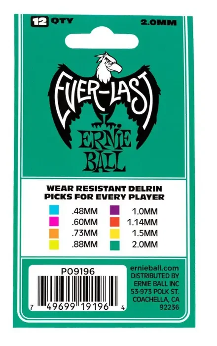 Ernie Ball Lot de 12 médiators Everlast turquoise 2,0 mm Ernie Ball Lot de 12 médiators Everlast turquoise 2,0 mm