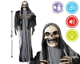 Big Bone Skeleton Figurine with Black Cape 180 cm with Light and Sound - Giant Animatronic Halloween Skeleton with Motion Detection for Haunted House and Party Decor