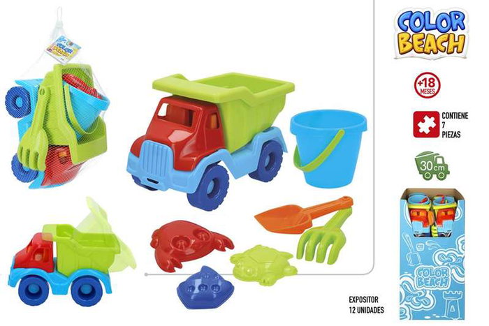 Color Baby Camion de Plage 30 cm avec Pelle, Râteau, Seau et 3 Moules - Jouet en Plastique - Instructions Multilingues