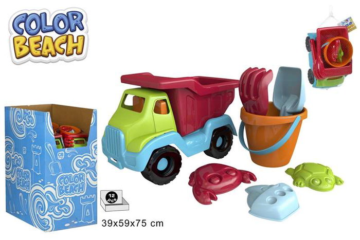 Color Baby Camion de Plage 30 cm avec Pelle, Râteau, Seau et 3 Moules - Jouet en Plastique - Instructions Multilingues