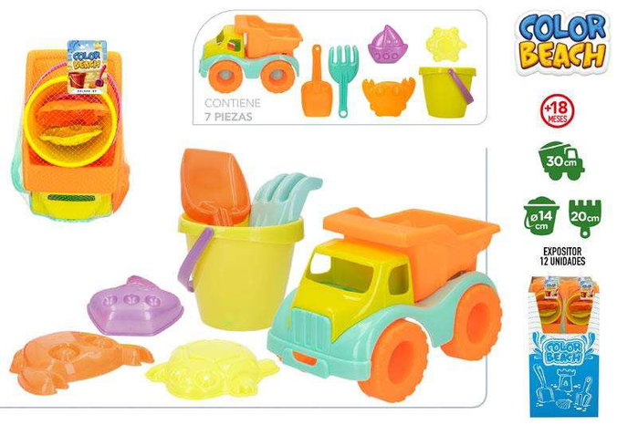 Color Baby Camion de Plage 30 cm avec Pelle, Râteau, Seau et 3 Moules - Jouet en Plastique - Instructions Multilingues