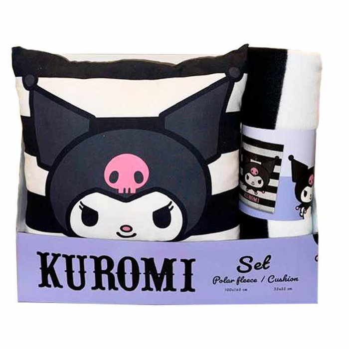 SANRIO Set Manga Polaire + Coussin Kuromi Hello Kitty - Manta 100x140 cm et Coussin 35x35 cm