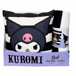SANRIO Set Manga Polaire + Coussin Kuromi Hello Kitty - Manta 100x140 cm et Coussin 35x35 cm