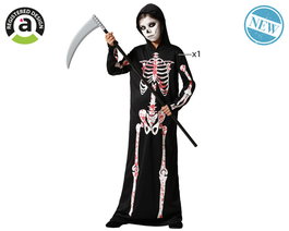 Déguisement Halloween Enfant 10-12 Ans Unisexe, Tunique de Squelette avec Capuche et Taches de Sang, Polyester Noir