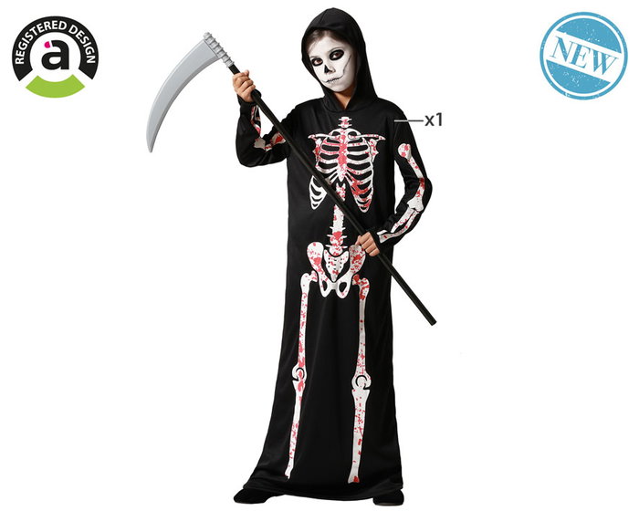 Déguisement Halloween Enfant 10-12 Ans Unisexe, Tunique de Squelette avec Capuche et Taches de Sang, Polyester Noir Déguisement Halloween Enfant 10-12 Ans Unisexe, Tunique de Squelette avec Capuche et Taches de Sang, Polyester Noir