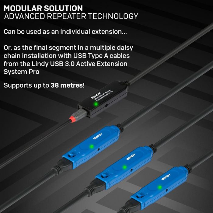 Lindy Câble d'extension active USB 3.0 Type A vers Type C 10 m, référence 43376, transfert 5 Gbps, avec verrouillage à vis Lindy Câble d'extension active USB 3.0 Type A vers Type C 10 m, référence 43376, transfert 5 Gbps, avec verrouillage à vis