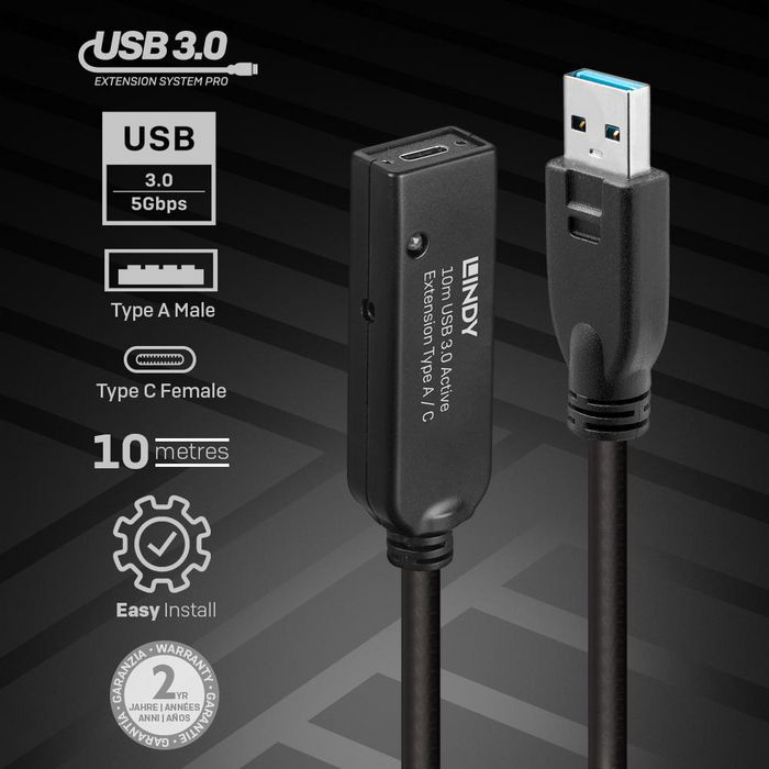 Lindy Câble d'extension active USB 3.0 Type A vers Type C 10 m, référence 43376, transfert 5 Gbps, avec verrouillage à vis Lindy Câble d'extension active USB 3.0 Type A vers Type C 10 m, référence 43376, transfert 5 Gbps, avec verrouillage à vis