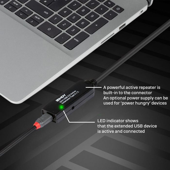 Lindy Câble d'extension active USB 3.0 Type A vers Type C 10 m, référence 43376, transfert 5 Gbps, avec verrouillage à vis Lindy Câble d'extension active USB 3.0 Type A vers Type C 10 m, référence 43376, transfert 5 Gbps, avec verrouillage à vis