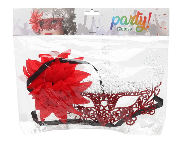 Masque Vénitien Rouge avec Filigrane et Fleur en Tissu, Mascara de Carnaval pour Fête et Événement Baroque