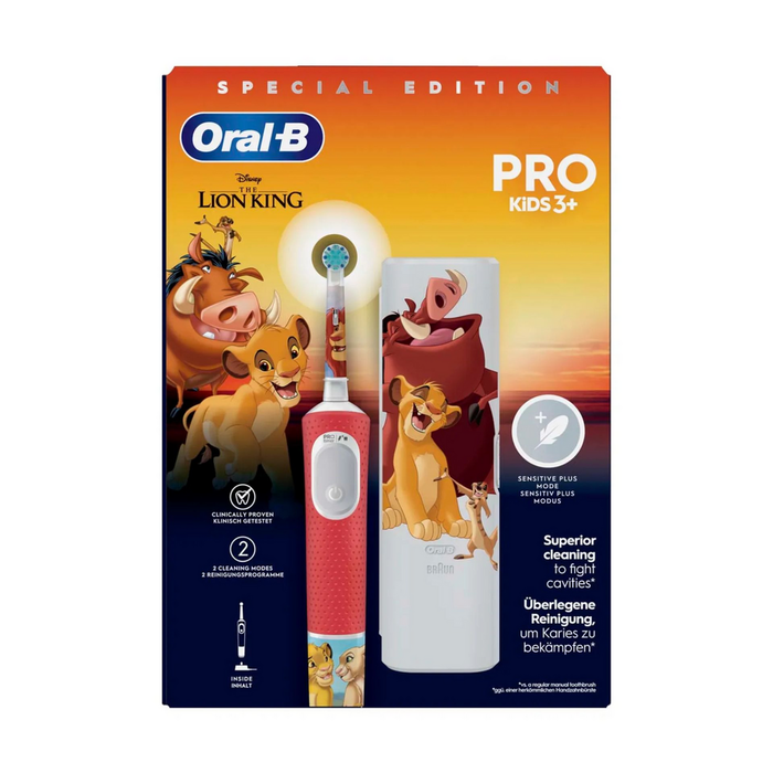 Oral-B Pro Kids brosse à dents électrique pour enfants 3 ans et plus, Lion King, 2 modes dont sensible, autocollants personnalisables, 1 unité Oral-B Pro Kids brosse à dents électrique pour enfants 3 ans et plus, Lion King, 2 modes dont sensible, autocollants personnalisables, 1 unité