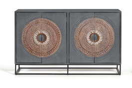 GINER Y COLOMER Buffet 4 portes en bois de manguier et métal, gris et marron, 71 x 35 cm (portes) avec pattes de 16 cm