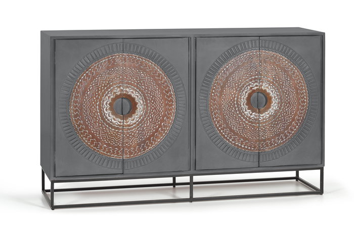 GINER Y COLOMER Buffet 4 portes en bois de manguier et métal, gris et marron, 71 x 35 cm (portes) avec pattes de 16 cm