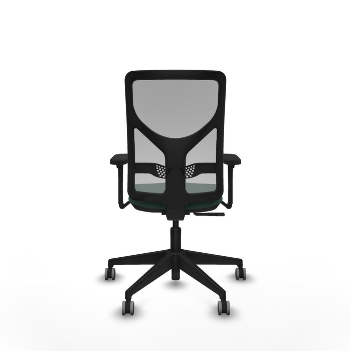 Chaise Motilla Synchro 3 positions tissu Vert foncé Maille Gris Base pyramidale noire Accoudoir 3D Sans appui-tête Roulettes 65mm pour moquette