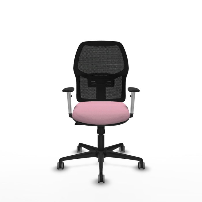 Chaise Alfera Synchrone/Traslack Maille/tissu Rose Maille Noir Base en nylon noir Accoudoirs noirs et blancs Sans appui-tête Roulettes 65mm pour moquette