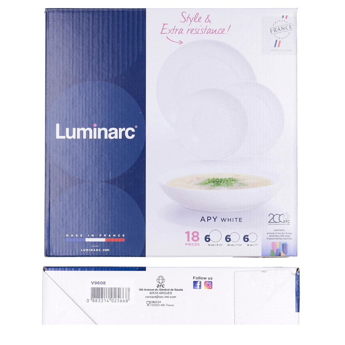 Luminarc Apy Vaisselle 18 Pièces - 6 Personnes en Verre Blanc