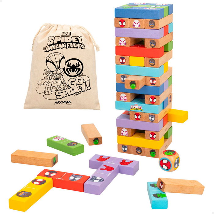 WOOMAX Jeu de Construction et Domino en Bois 2 en 1 52 Pièces Marvel Spidey Spider-Man Taille Caisse 26x11x8cm Âge +4 Ans