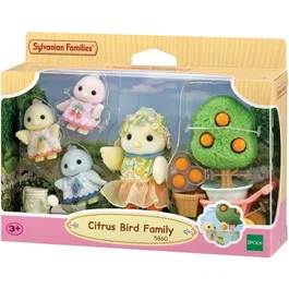 Sylvanian Families - La famille Oiseau Citrus - Set de 4 personnages articulés avec accessoires - Fruits et chariot - Pour enfants de 3 ans et plus