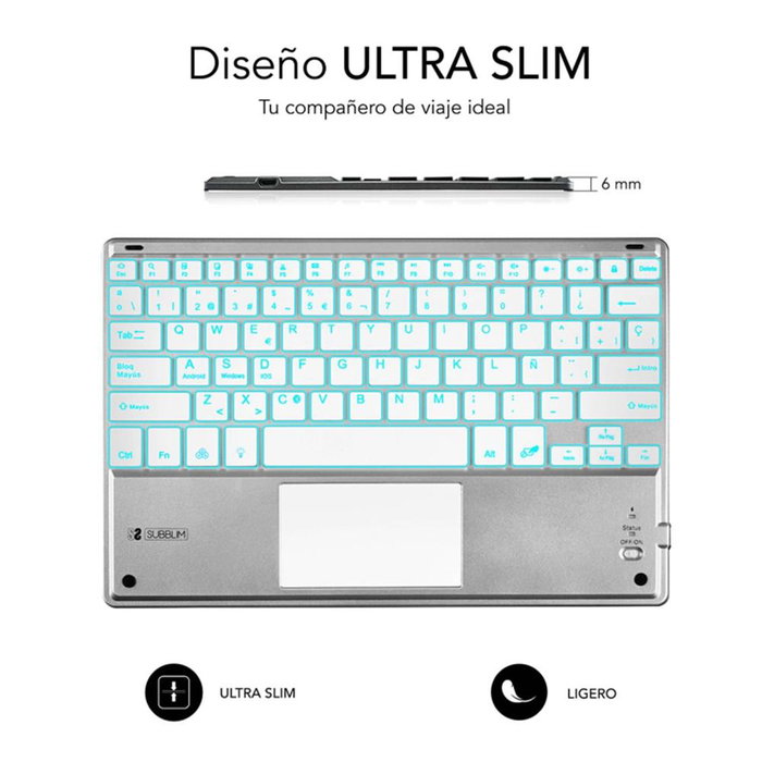 Subblim KBT-SMBT50 Clavier Bluetooth sans fil rétroéclairé 7 couleurs avec Touchpad pour tablette smartphone PC, QWERTY espagnol, argent