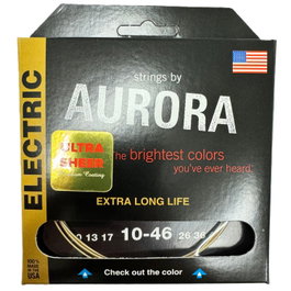 Aurora Strings Aurora Ultra-Sheer 10-46 Gold Cordes pour Guitare Électrique Nickel Argent Nickel, Revêtement Anticorrosif, Fabriquées aux USA