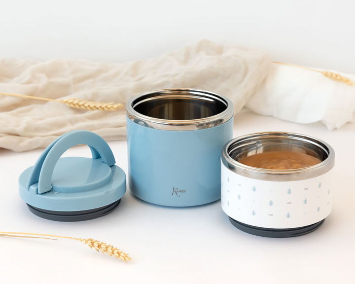 KioKids Termo gourde isotherme pour enfants 930 mL, compartiment 300 et 630 mL, acier inoxydable 304, bleu, sans BPA, Petits moments