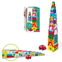 Goula Cubos Apilables Coche 55202 - Jouet d'Éveil avec 5 Cubes Empilables et Voiture en Bois, Illustrations Colorées - 11 Pièces - À partir de 12 Mois