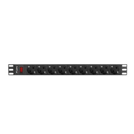 Lanberg Reglette 9 Prises Schuko 16A 300cm Aluminium Noir 1U Horizontal pour Rack 19"