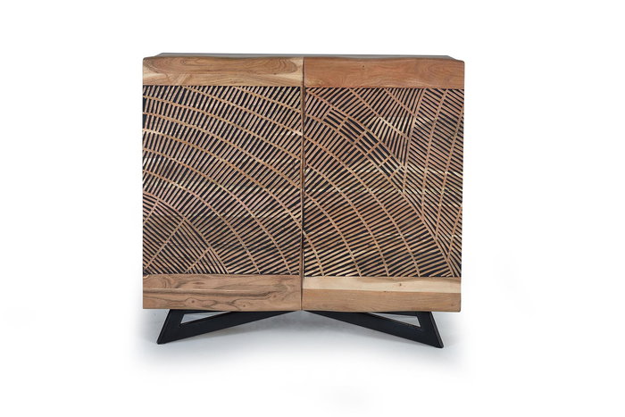 GINER Y COLOMER Buffet en Acacia et Métal Ton Naturel avec Détails Sculptés Main - 90x86x40 cm