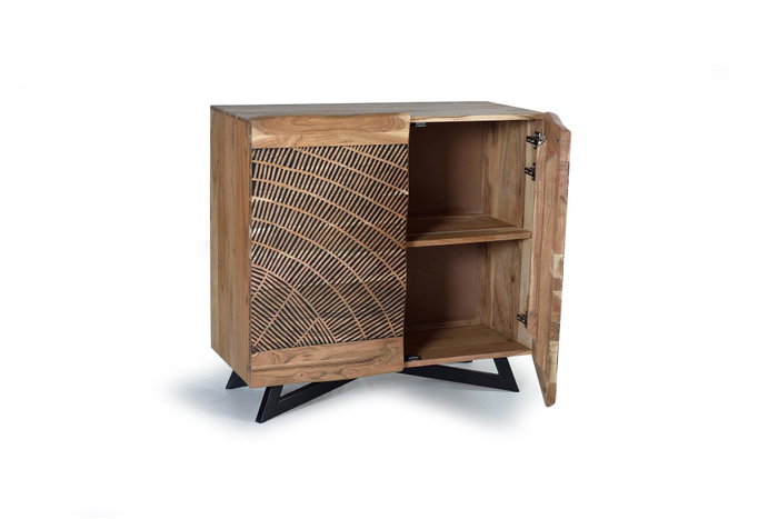 GINER Y COLOMER Buffet en Acacia et Métal Ton Naturel avec Détails Sculptés Main - 90x86x40 cm GINER Y COLOMER Buffet en Acacia et Métal Ton Naturel avec Détails Sculptés Main - 90x86x40 cm