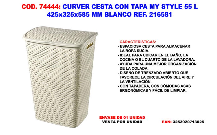 Curver Cesta My Style 55 L avec couvercle, blanc Curver Cesta My Style 55 L avec couvercle, blanc