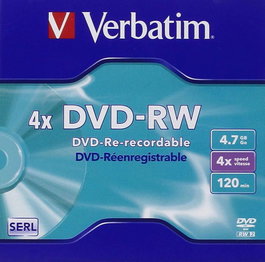 Verbatim Lot de 5 DVD-RW réinscriptibles 4x, Finition argent mat, Compatible pour données, vidéo et musique