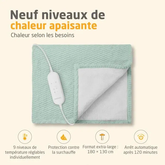 Medisana HB 417 - Couverture chauffante réversible 180 x 130 cm - 9 réglages de température - 120 W - Automatique - Verte