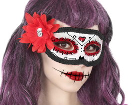 Masque blanc avec détails rose, rouge et noir pour Catrina