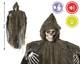 Décor Halloween Squelette Suspendu Capuche Marron 89 cm Lumière et Son - Décoration Effrayante pour Porte ou Coin Somb