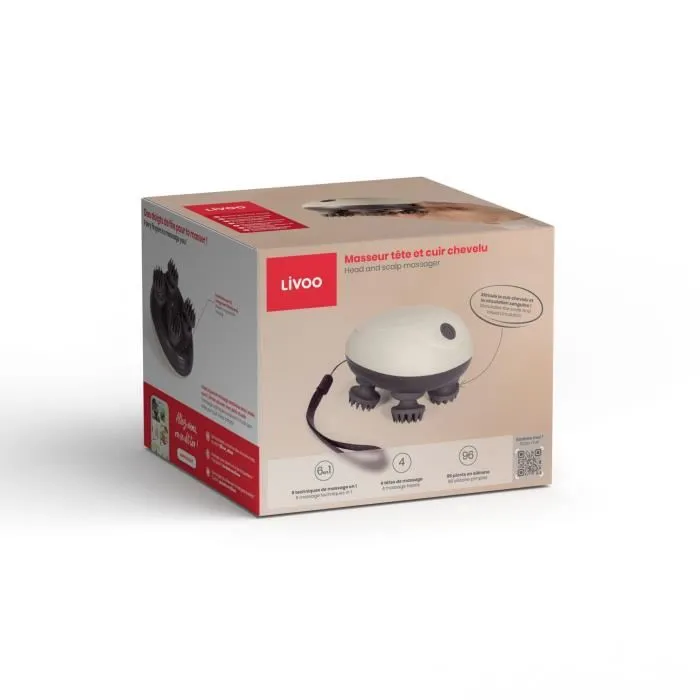 Livoo DOS202 Masseur de tête et cuir chevelu électrique portable, 96 picots, 4 têtes de massage, 3 modes, étanche IPX4, autonomie 2h, couleur gris foncé