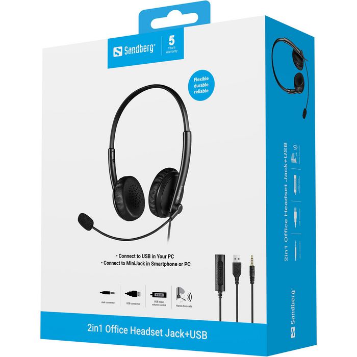 Sandberg - Micro-casque bureau 2-en-1 avec connectivité Jack et USB pour réunions en ligne