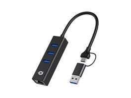 Conceptronic DONN07BA Adaptateur USB 3.0 Gigabit Ethernet RJ45 Hub avec USB-C, Noir