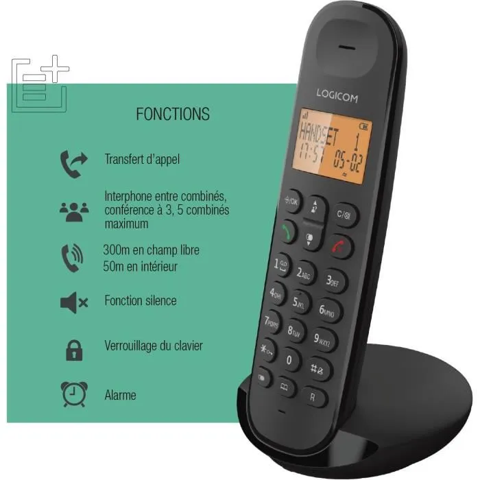 LOGICOM Téléphone fixe sans fil DECT ILOA 150 SOLO - Ardoise - Fonction mains libres - Affichage appelant - 7h autonomie