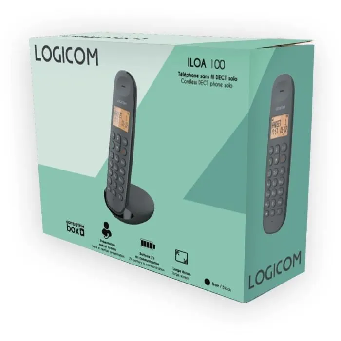 LOGICOM Téléphone fixe sans fil DECT ILOA 150 SOLO - Ardoise - Fonction mains libres - Affichage appelant - 7h autonomie