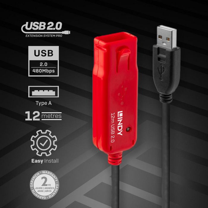 Lindy Rallonge active USB 2.0 Pro avec hub, 12 m, extension câble répéteur pour périphériques jusqu'à 480 Mbit/s