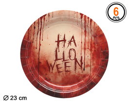 Assiettes en carton 23cm taches de sang avec inscription Halloween 6 unités