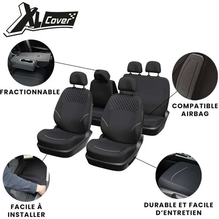 XLC - XL COVER - Housses de Siège Auto Universelles pour Berline et SUV - Pack 5 Pièces avec Dossier et Assise Arrière Fractionnables 60/40 - Protection Compatible Airbags et ISOFIX