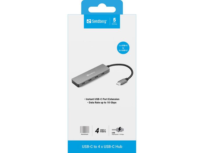 Sandberg Hub USB-C vers 4 Ports USB-C avec Débit Jusqu'à 10 Gbit/s - Extension de Port