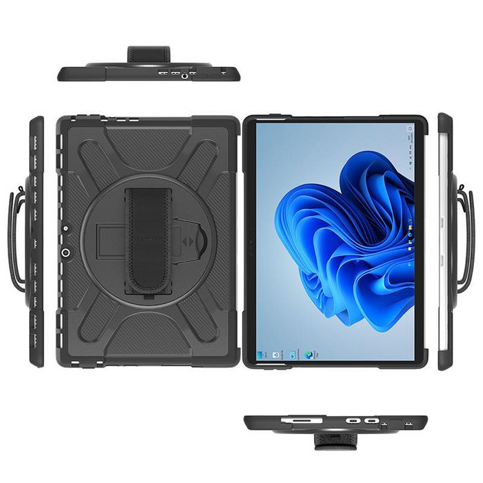 eSTUFF Coque de protection Defender pour Microsoft Surface Pro 8 avec trépied intégré 360°, sangle de maintien et protection renforcée - Noir