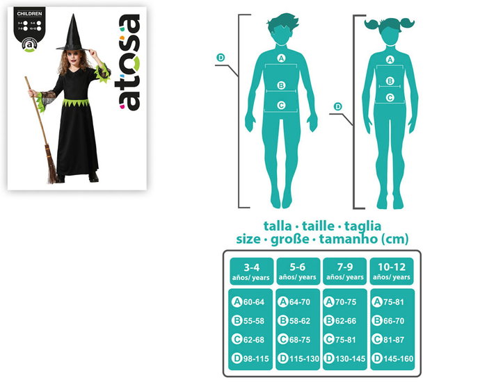 Disfraz Infantil Déguisement Enfant Fille de Sorcière Robe Longue Vert et Noir avec Chapeau Pointu - Costume Halloween 3-4 Ans