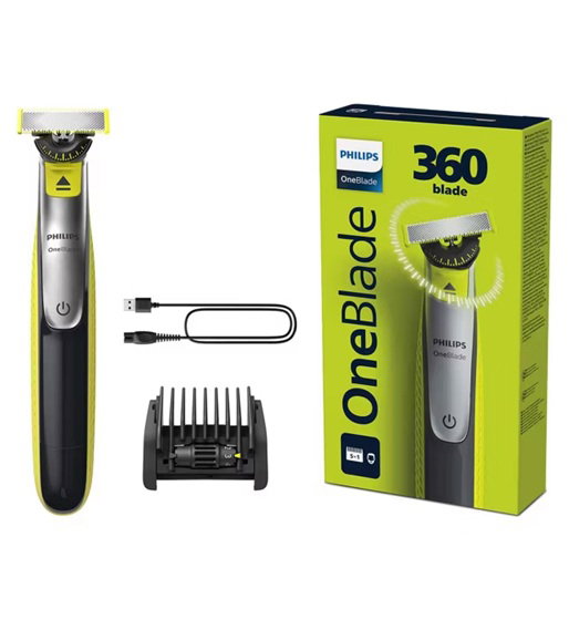 Philips OneBlade 360 QP2734/23 Tondeuse Visage, Lame 360°, 5 Longueurs, Recharge USB, Résistant à l'Eau