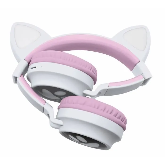 Lexibook Casque audio enfant 2-en-1 Bluetooth 5.0 avec oreilles de chat illuminées - Rose - Pour enfants à partir de 4 ans, compatible carte micro SD, pliable