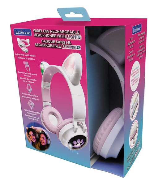 Lexibook Casque Bluetooth 2 en 1 avec Oreilles de Chat et Lumières - Rose