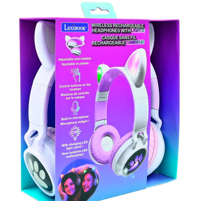 LEXIBOOK Auriculares Inalámbricos Catphone II avec Oreilles de Chat Lumineuses, Bluetooth 5.0 et Cable Audio Inclus, Rose